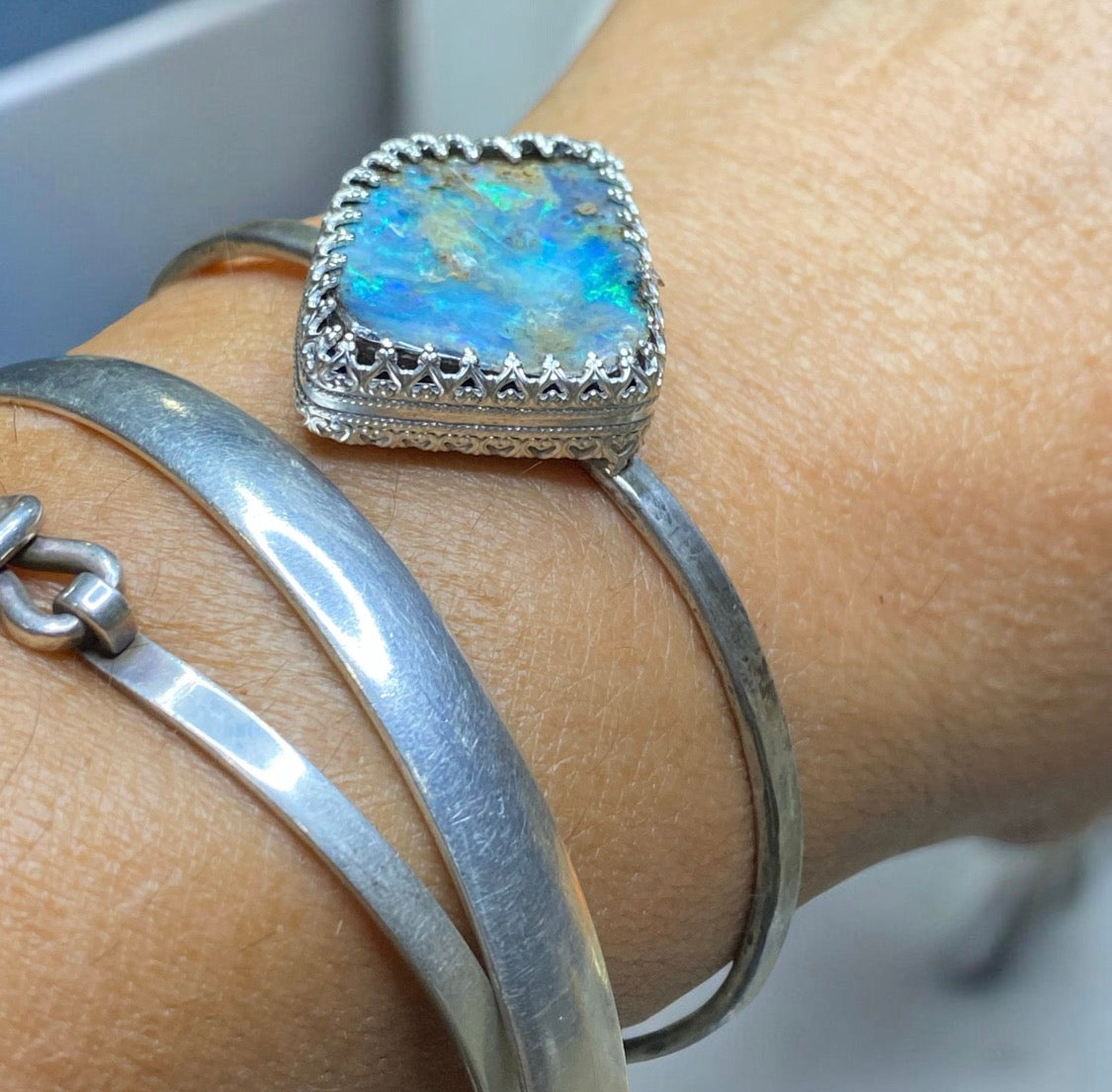 Sterling Silver Boulder Opal Cuff Bracelet One of a Kind Artisan Statement