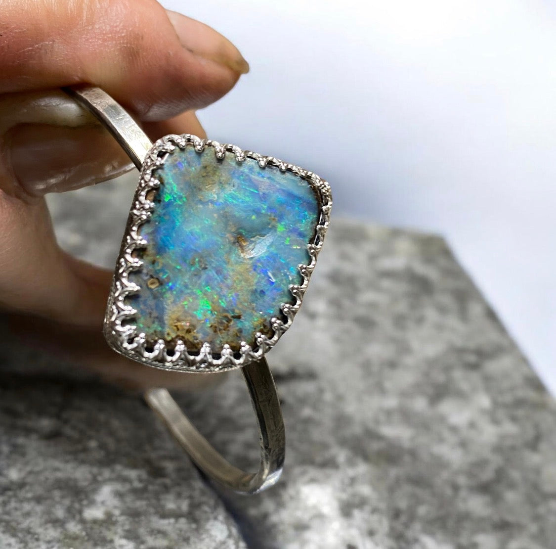 Sterling Silver Boulder Opal Cuff Bracelet One of a Kind Artisan Statement