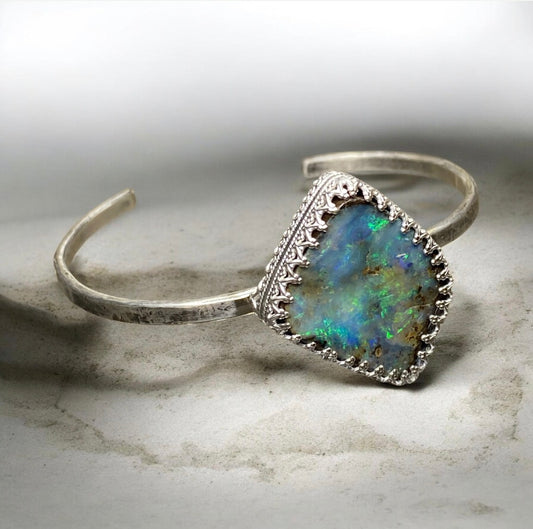 Sterling Silver Boulder Opal Cuff Bracelet One of a Kind Artisan Statement