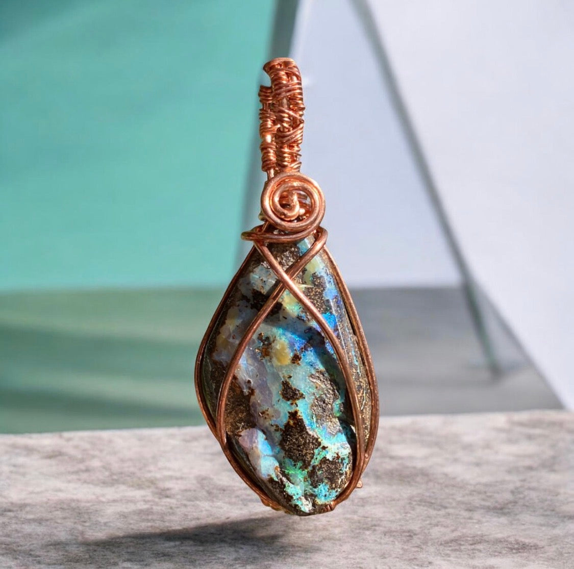 Boulder Opal Copper Wire Wrapped Pendant
