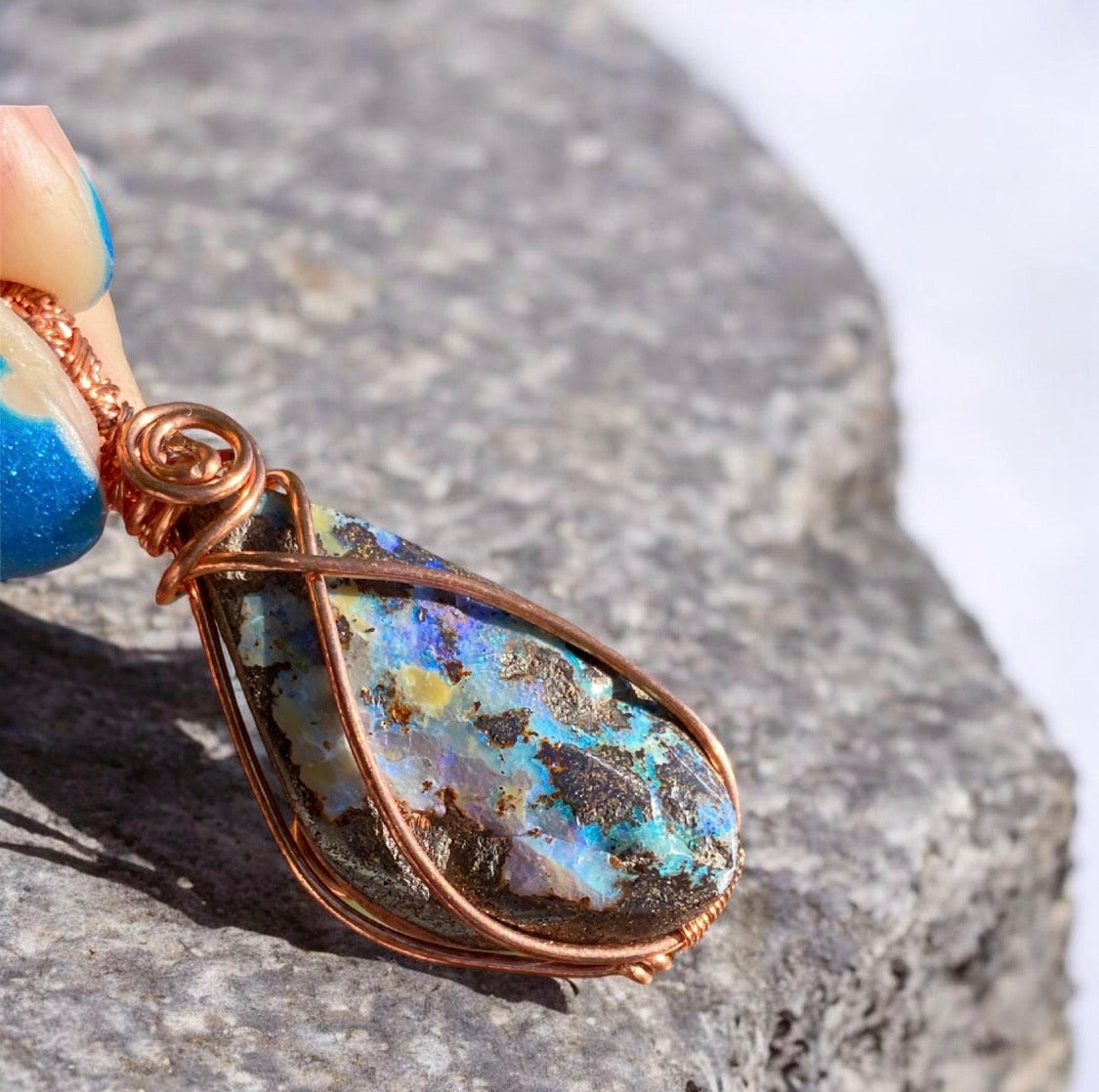 Boulder Opal Copper Wire Wrapped Pendant