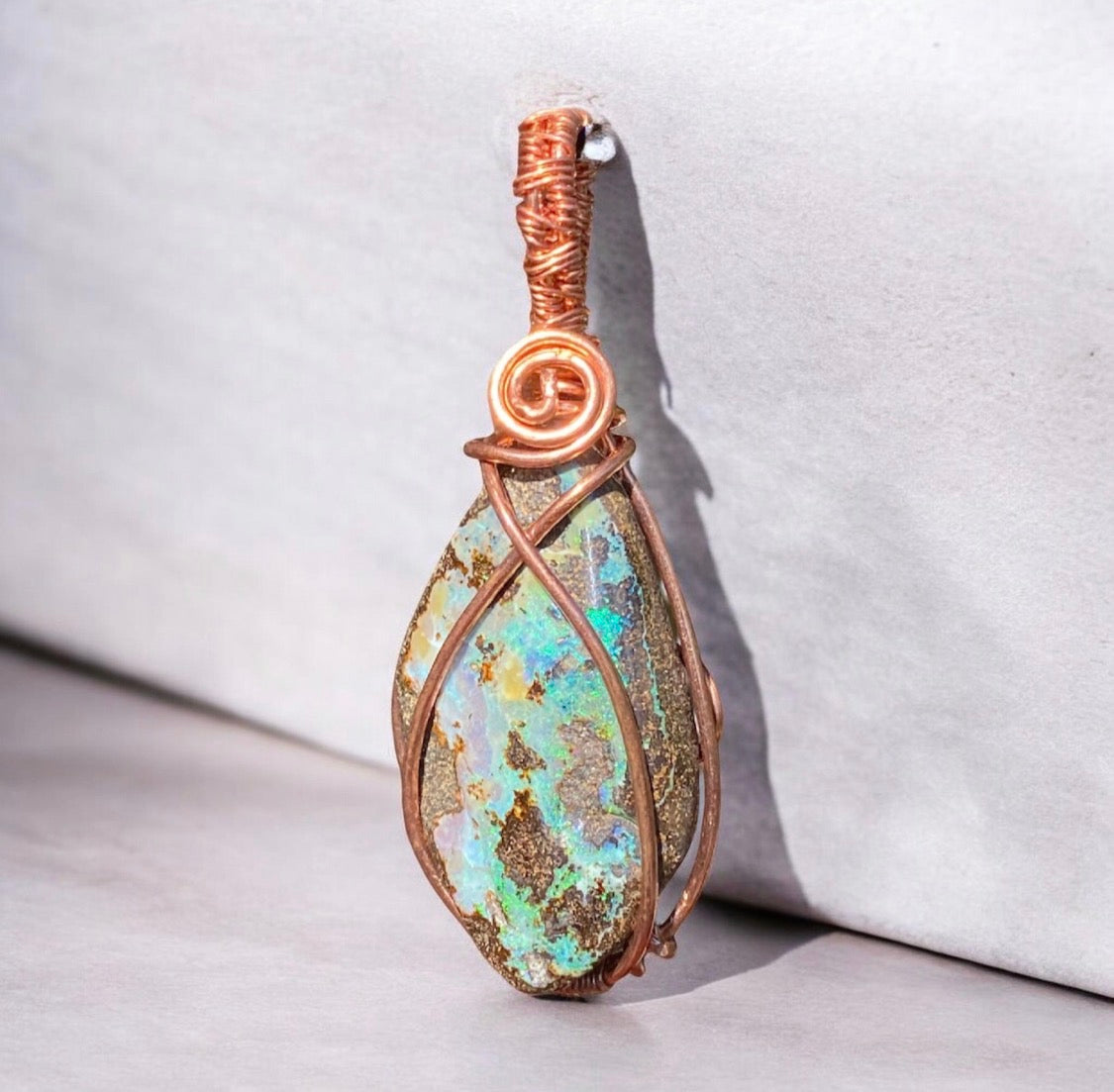Boulder Opal Copper Wire Wrapped Pendant