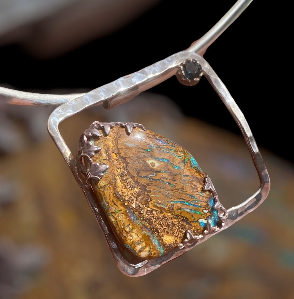 Handmade Yowah Opal & Australian Sapphire Sterling Silver Pendant