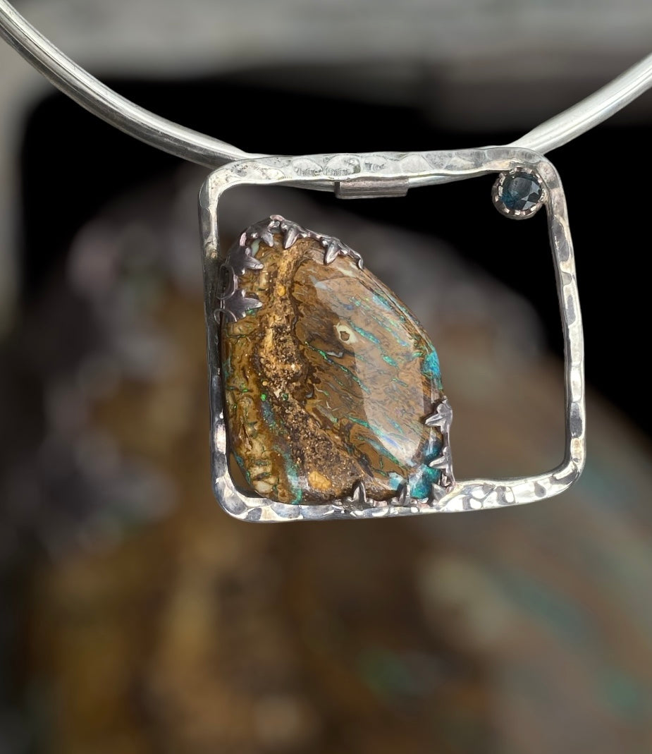 Handmade Yowah Opal & Australian Sapphire Sterling Silver Pendant