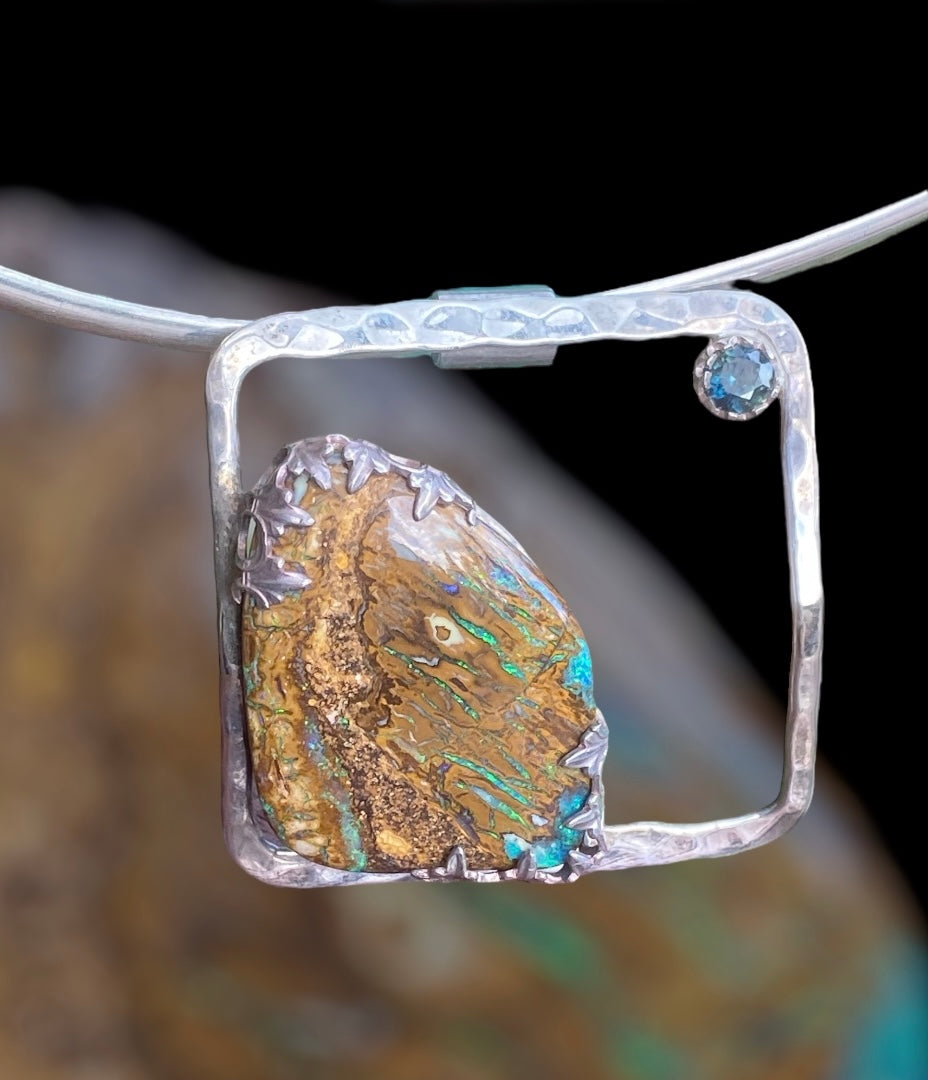 Handmade Yowah Opal & Australian Sapphire Sterling Silver Pendant