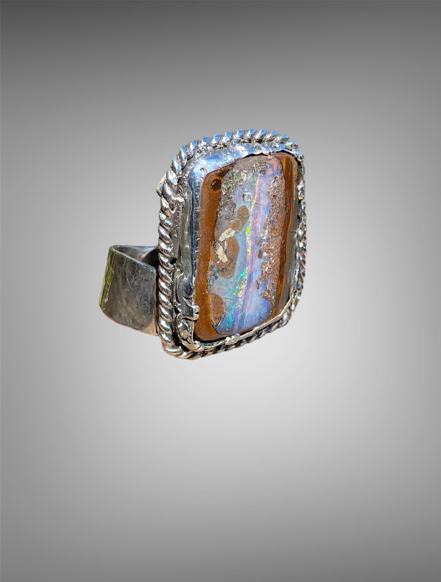 Handmade Queensland Boulder Opal Ring – Sterling Silver Adjustable Statement Ring (Size 10–11)