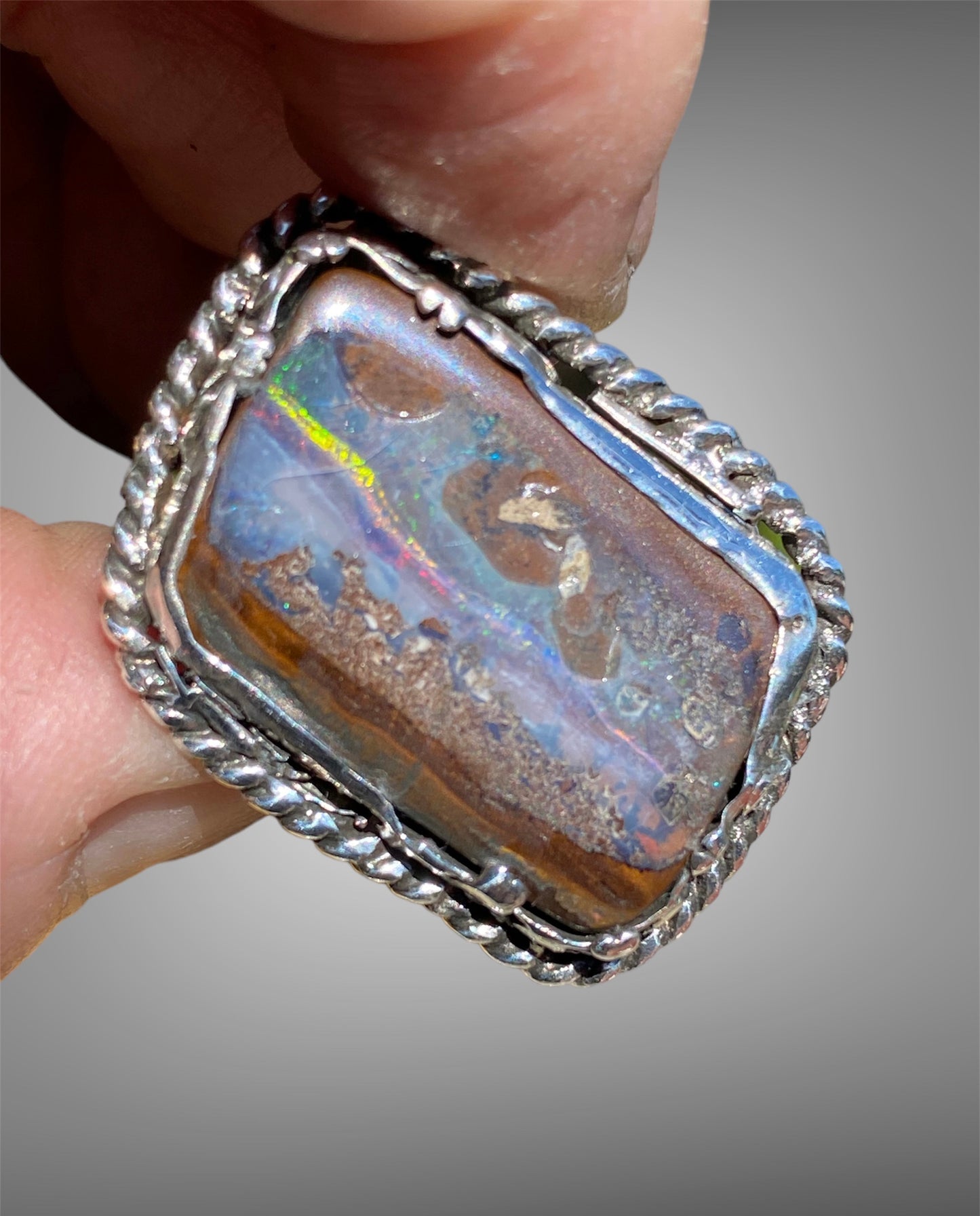 Handmade Queensland Boulder Opal Ring – Sterling Silver Adjustable Statement Ring (Size 10–11)