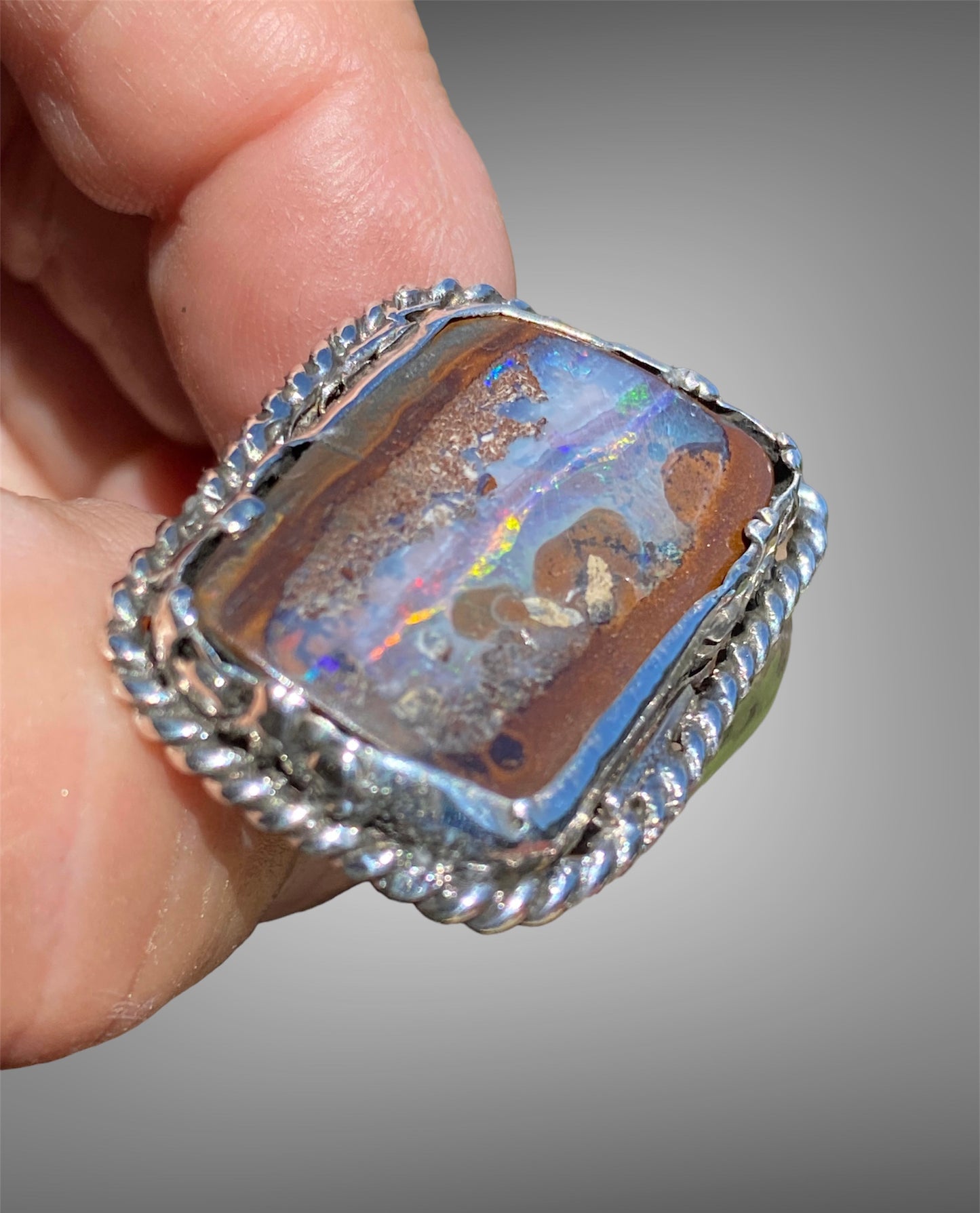 Handmade Queensland Boulder Opal Ring – Sterling Silver Adjustable Statement Ring (Size 10–11)