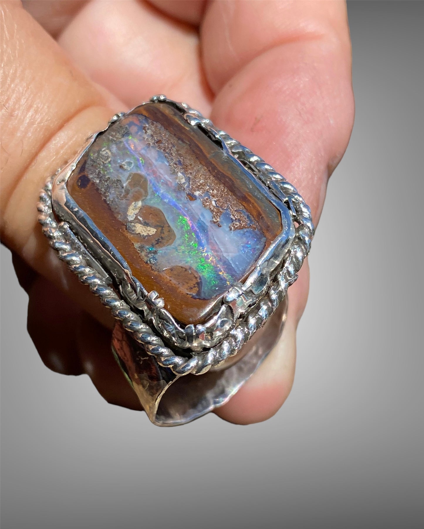 Handmade Queensland Boulder Opal Ring – Sterling Silver Adjustable Statement Ring (Size 10–11)