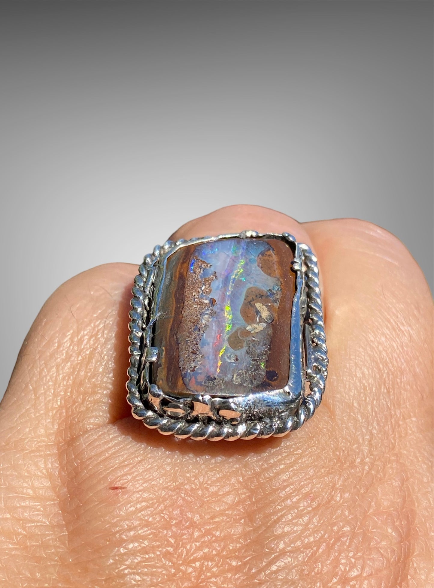Handmade Queensland Boulder Opal Ring – Sterling Silver Adjustable Statement Ring (Size 10–11)