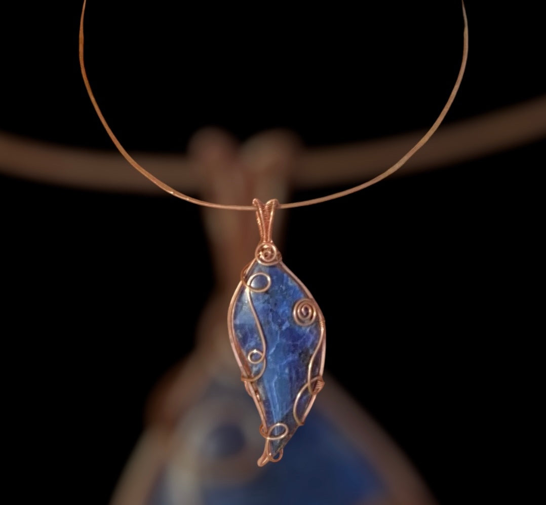 Copper Wire Wrapped Sodalite Parrot Wing Pendant