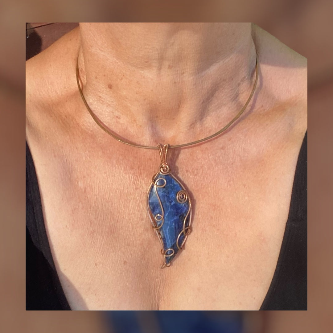 Copper Wire Wrapped Sodalite Parrot Wing Pendant