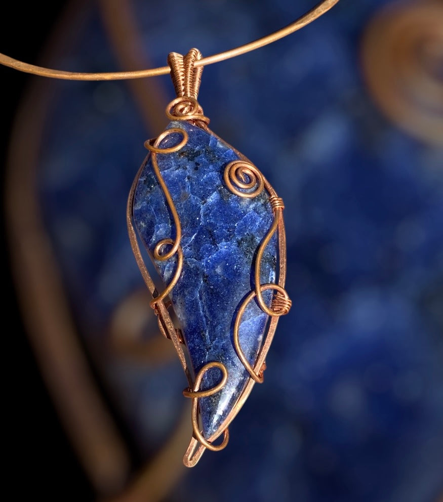 Copper Wire Wrapped Sodalite Parrot Wing Pendant