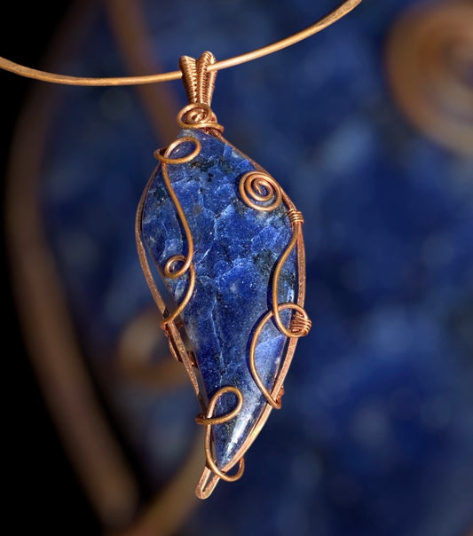 Copper Wire Wrapped Sodalite Parrot Wing Pendant
