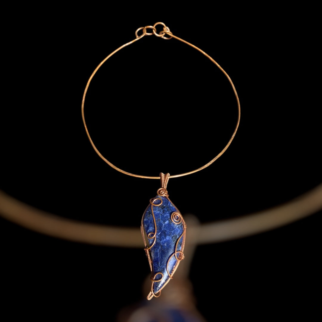 Copper Wire Wrapped Sodalite Parrot Wing Pendant