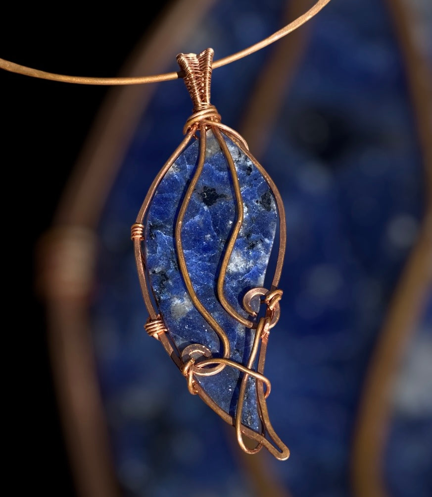 Copper Wire Wrapped Sodalite Parrot Wing Pendant