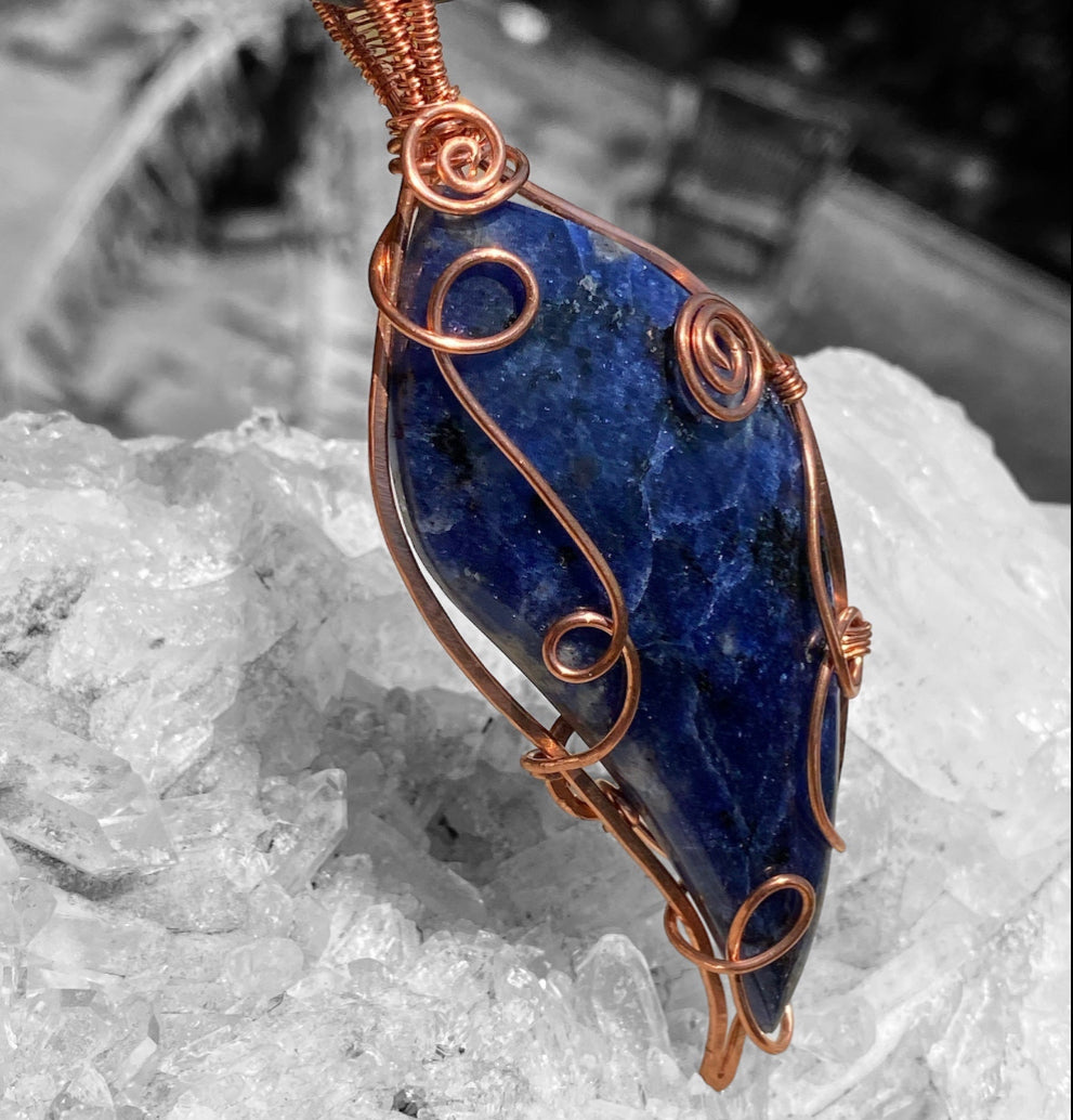 Copper Wire Wrapped Sodalite Parrot Wing Pendant