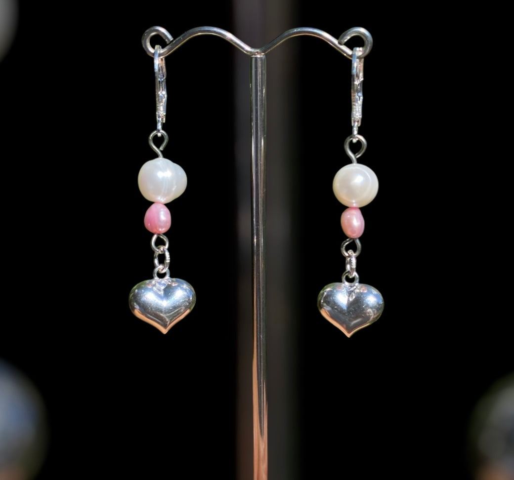 Pearl and Sterling Silver Puffy Heart Earrings