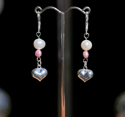 Pearl and Sterling Silver Puffy Heart Earrings