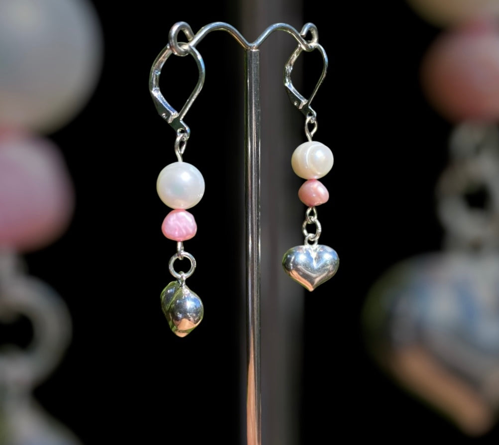 Pearl and Sterling Silver Puffy Heart Earrings