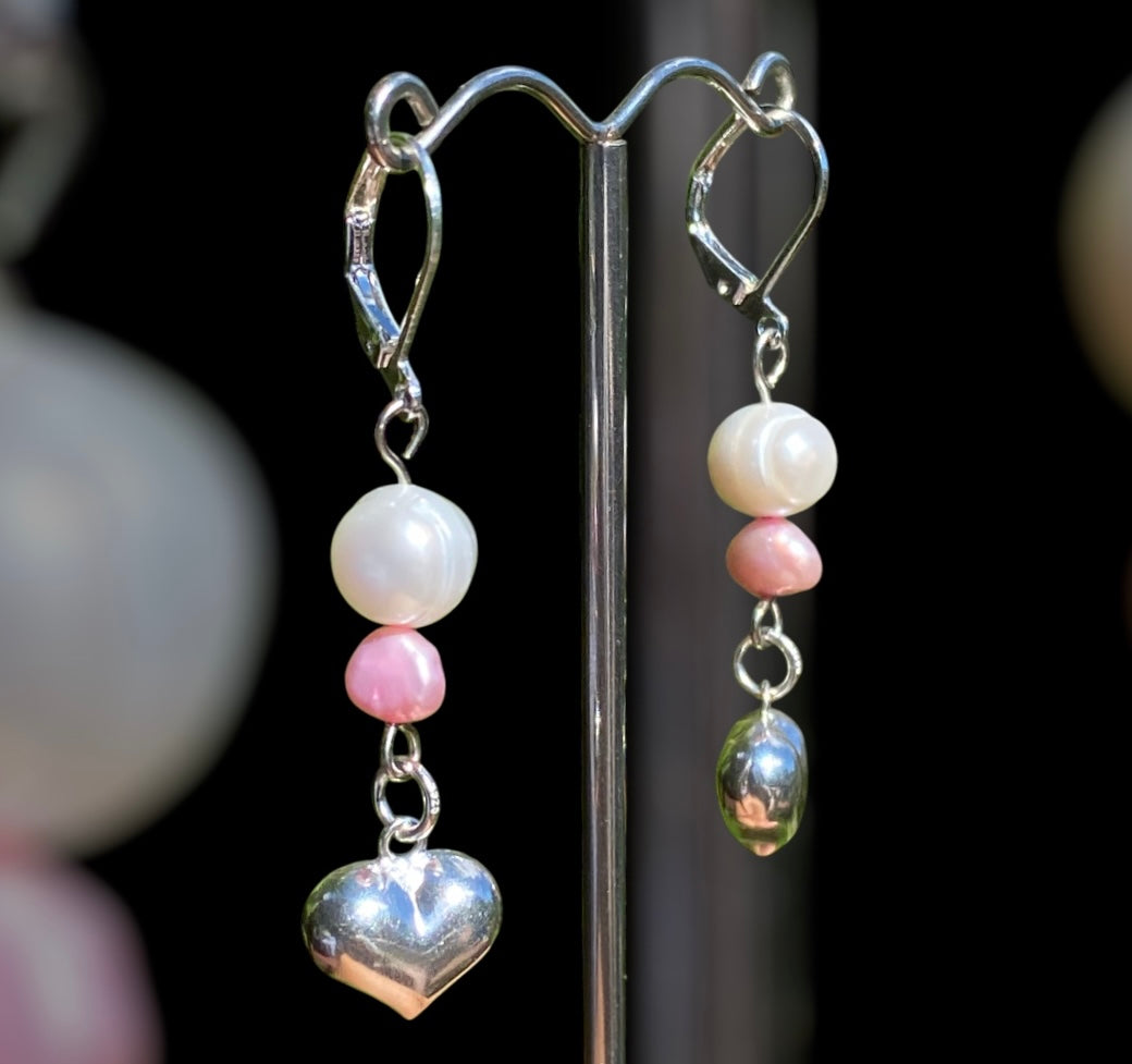 Pearl and Sterling Silver Puffy Heart Earrings