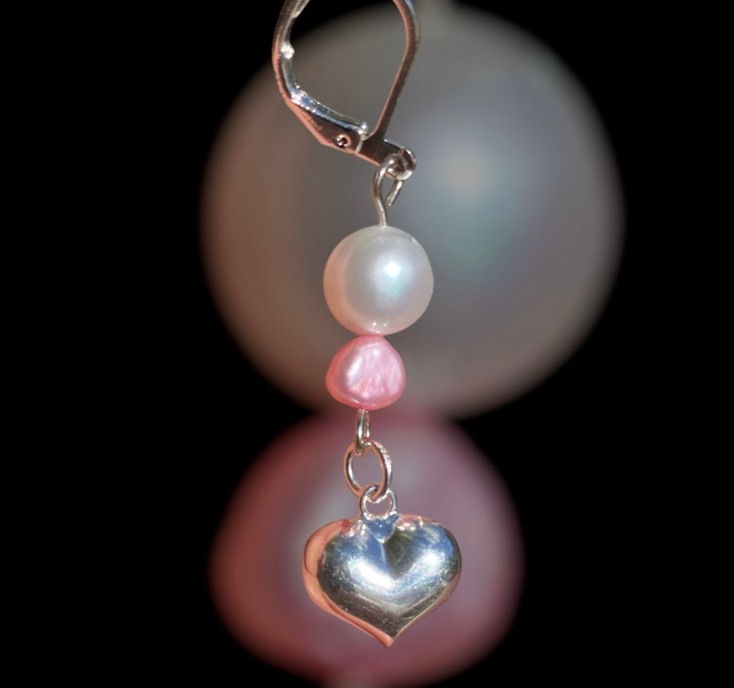 Pearl and Sterling Silver Puffy Heart Earrings