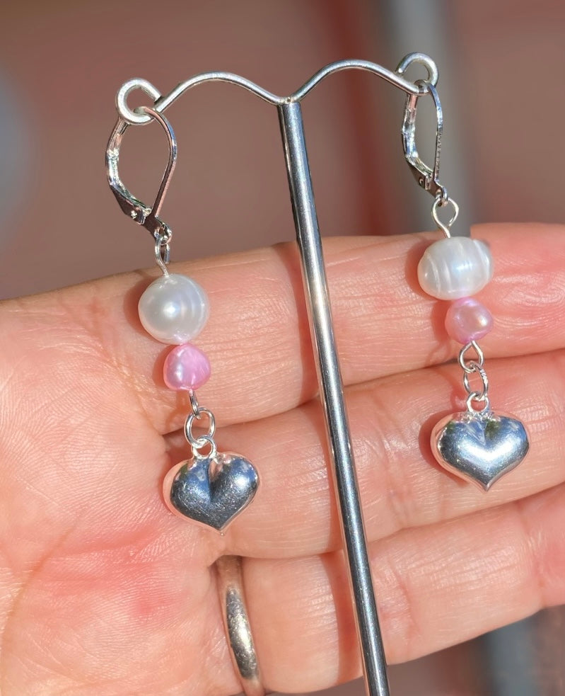 Pearl and Sterling Silver Puffy Heart Earrings