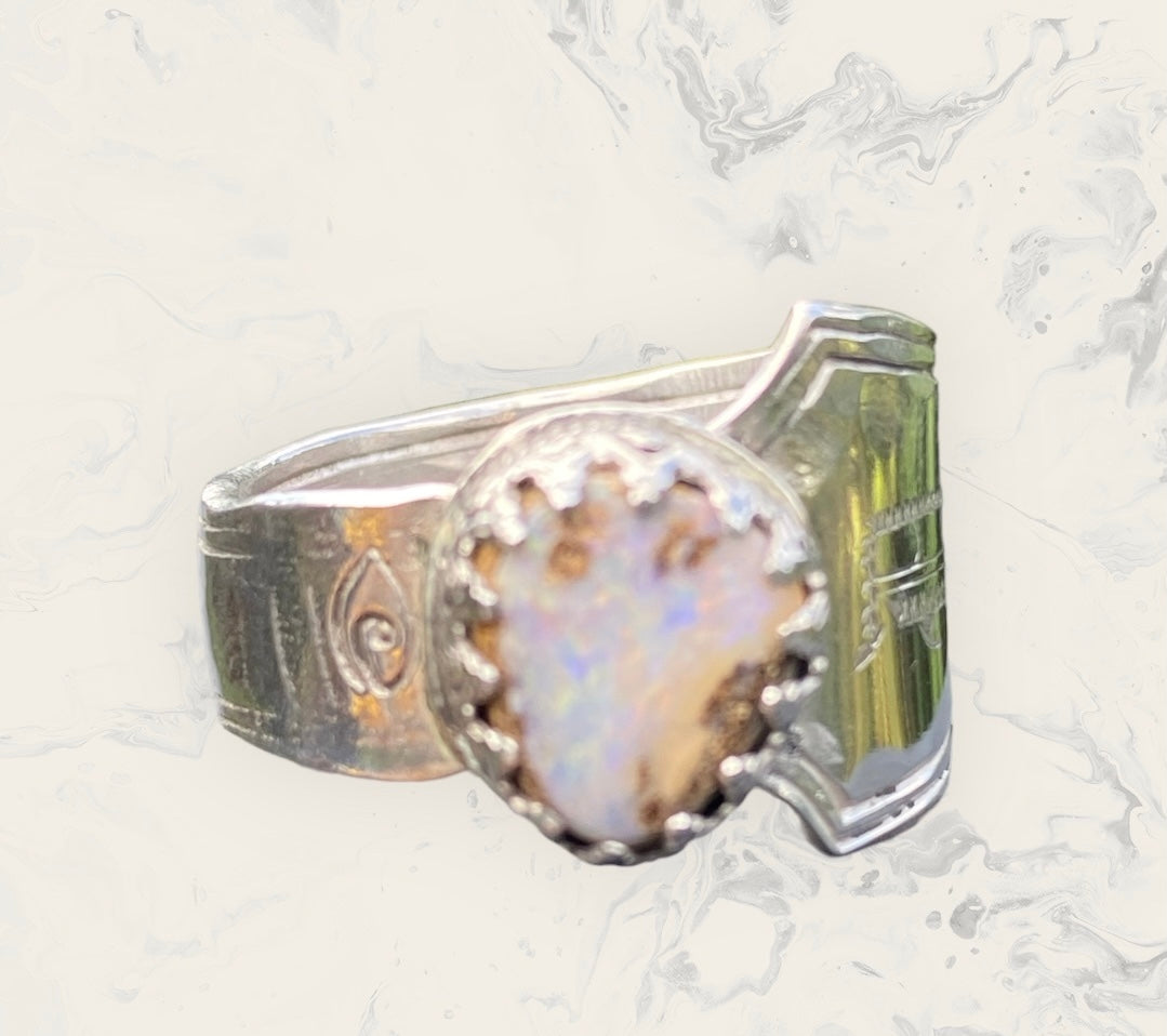 Handmade Queensland Boulder Opal Ring – Vintage Sterling Silver Spoon Ring Size 10