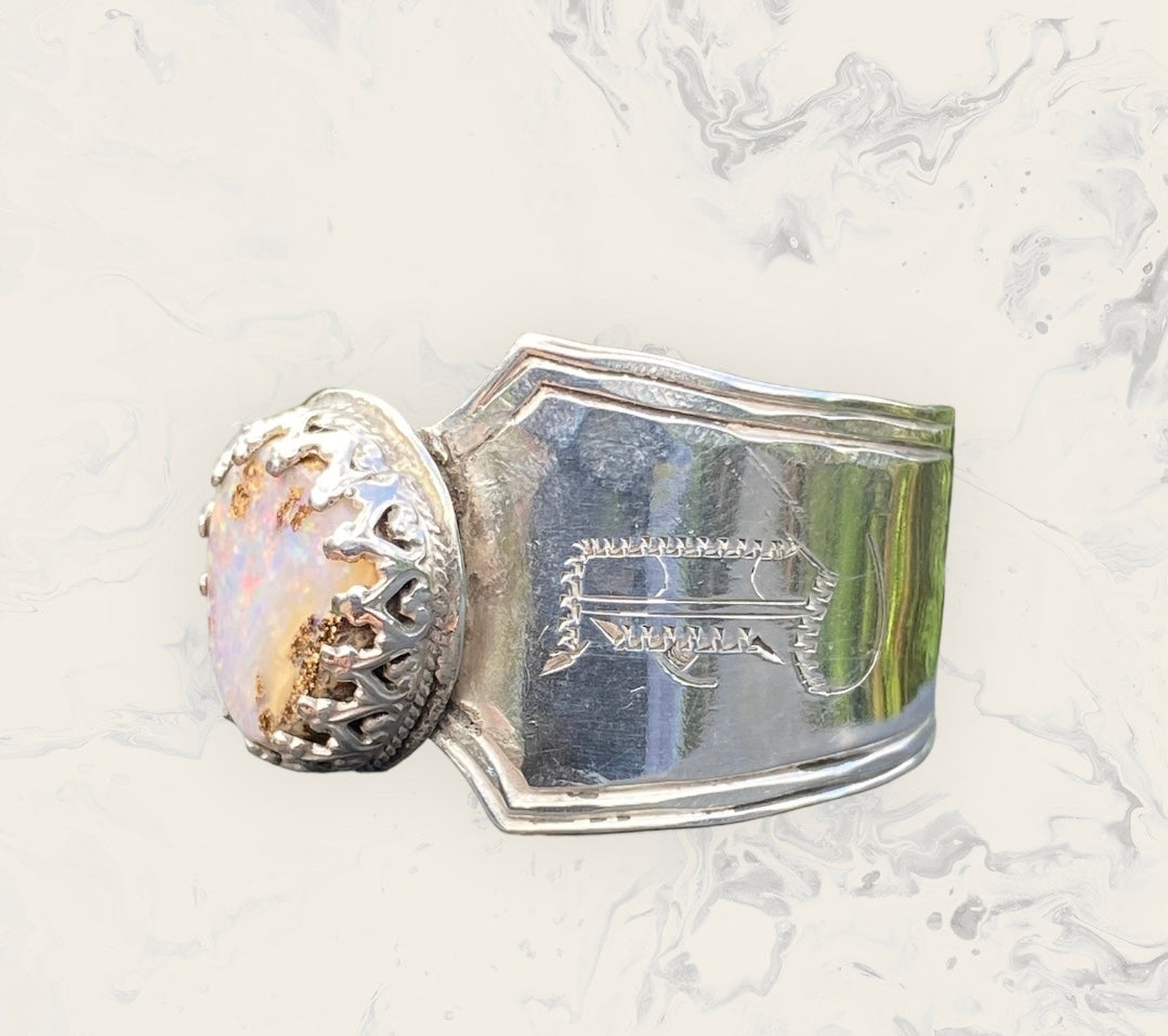 Handmade Queensland Boulder Opal Ring – Vintage Sterling Silver Spoon Ring Size 10