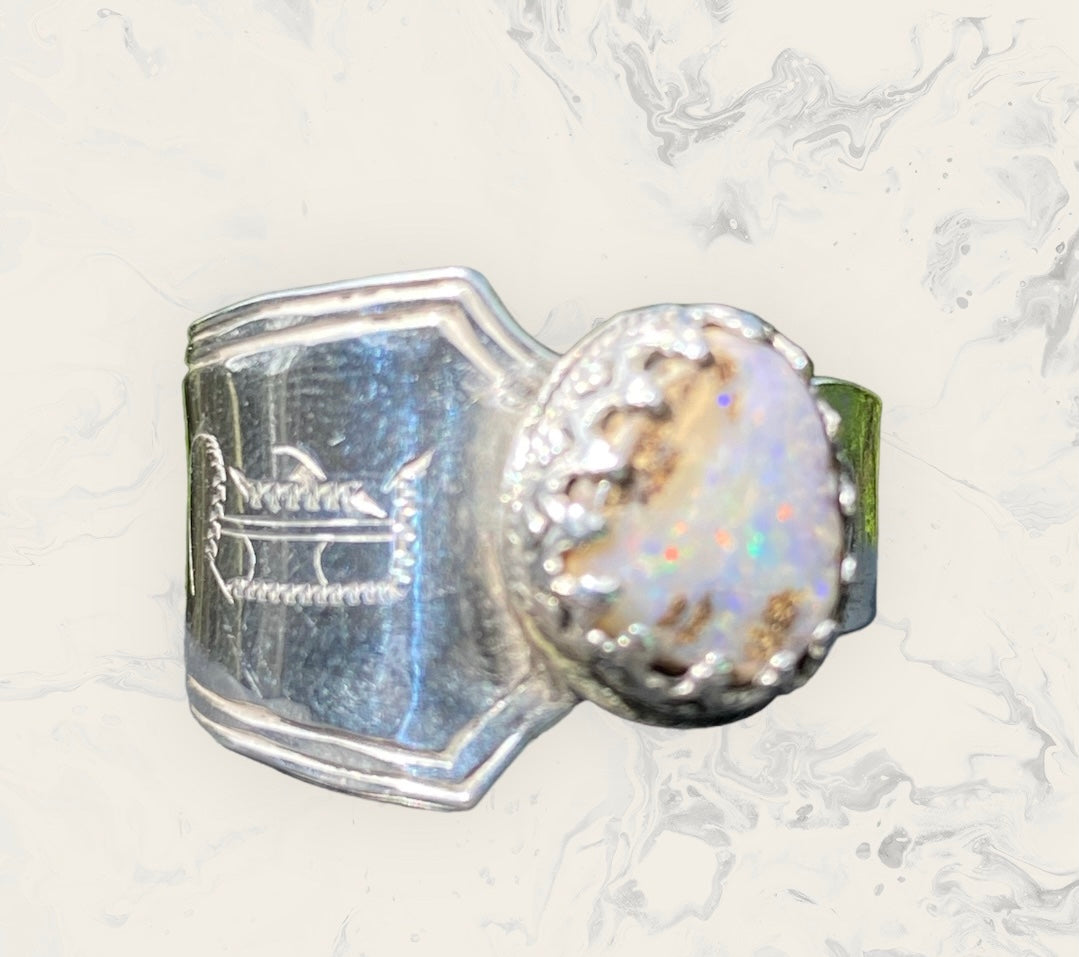 Handmade Queensland Boulder Opal Ring – Vintage Sterling Silver Spoon Ring Size 10