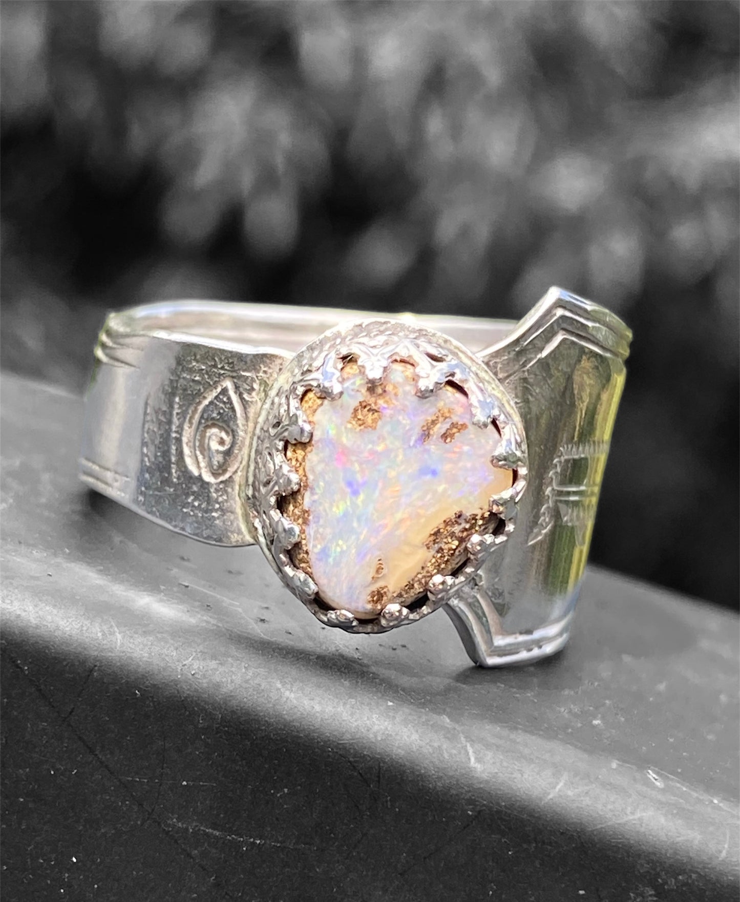 Handmade Queensland Boulder Opal Ring – Vintage Sterling Silver Spoon Ring Size 10