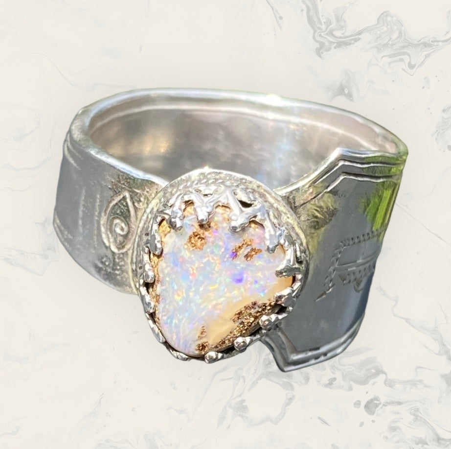 Handmade Queensland Boulder Opal Ring – Vintage Sterling Silver Spoon Ring Size 10