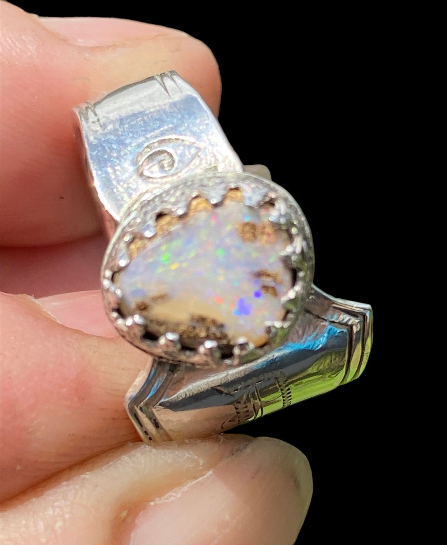 Handmade Queensland Boulder Opal Ring – Vintage Sterling Silver Spoon Ring Size 10