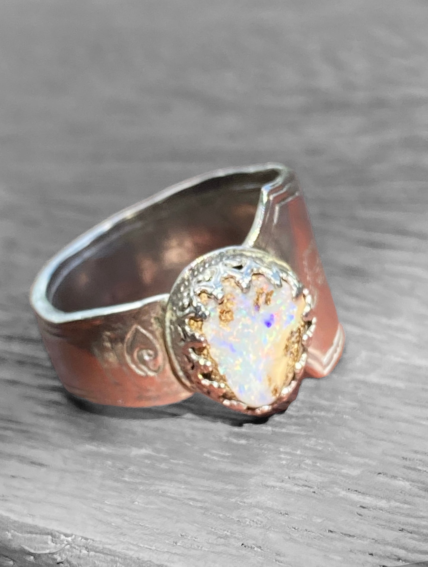 Handmade Queensland Boulder Opal Ring – Vintage Sterling Silver Spoon Ring Size 10