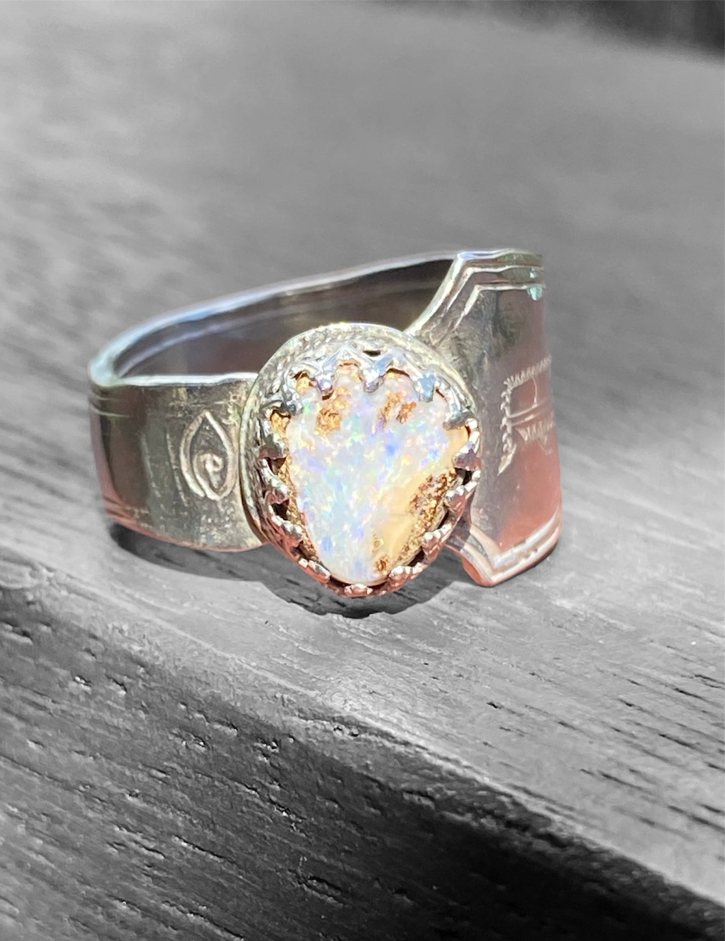 Handmade Queensland Boulder Opal Ring – Vintage Sterling Silver Spoon Ring Size 10