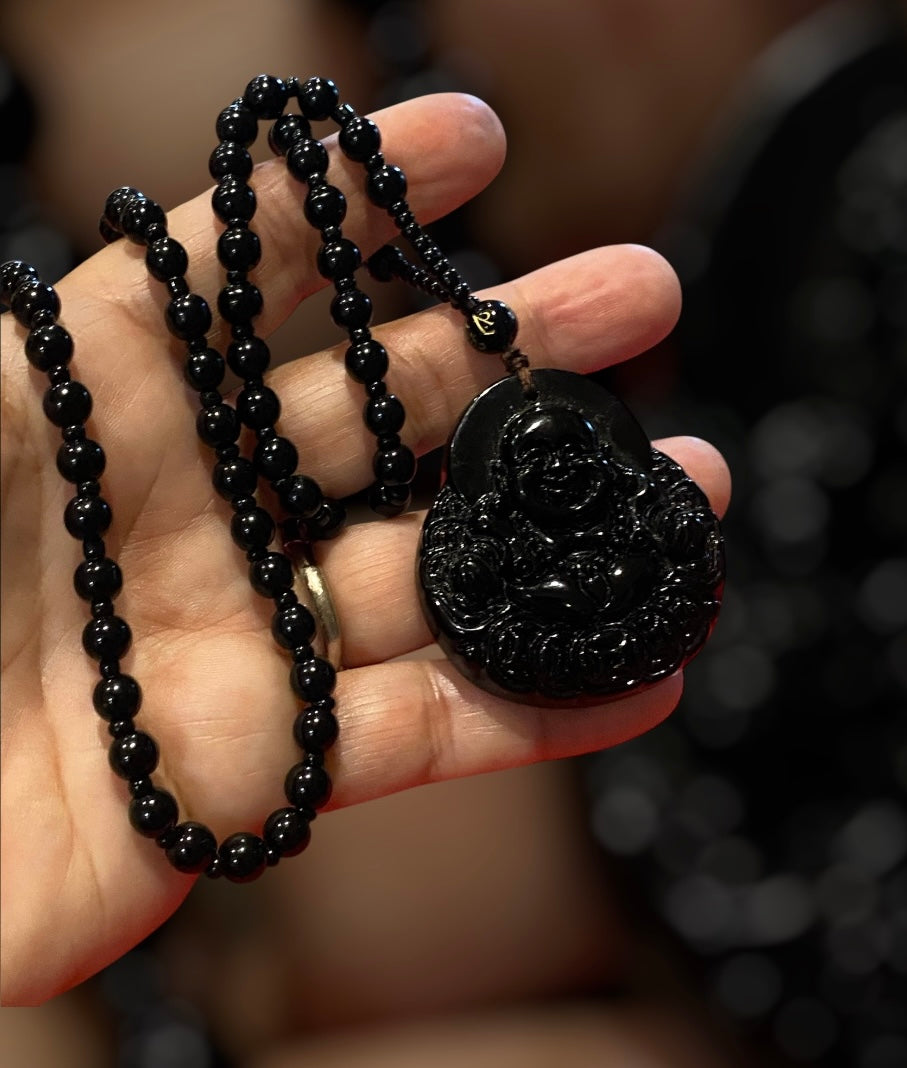 Natural Obsidian Money Buddha Necklace