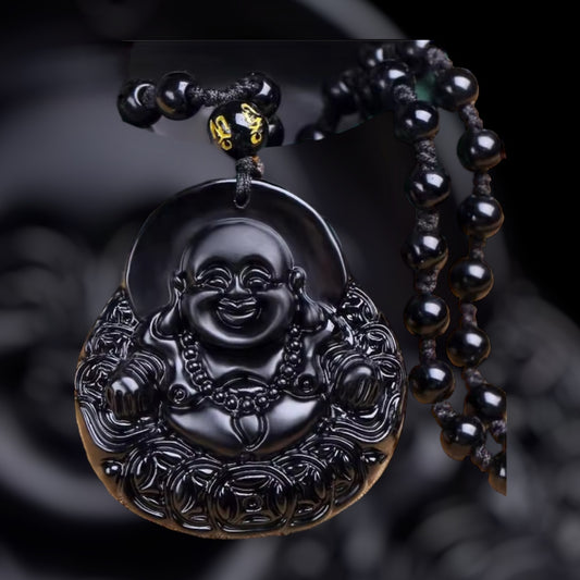 Natural Obsidian Money Buddha Necklace