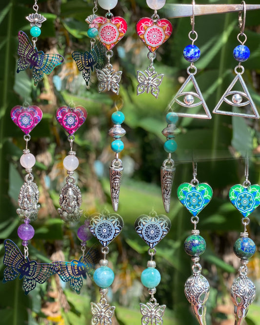 Handcrafted Dangle Earrings with Gemstone and Charms