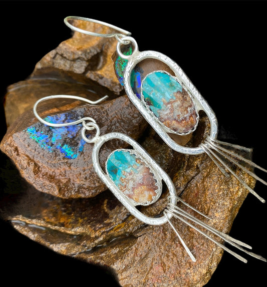 Hand Fabricated Bacon Opal & Turquoise Earrings