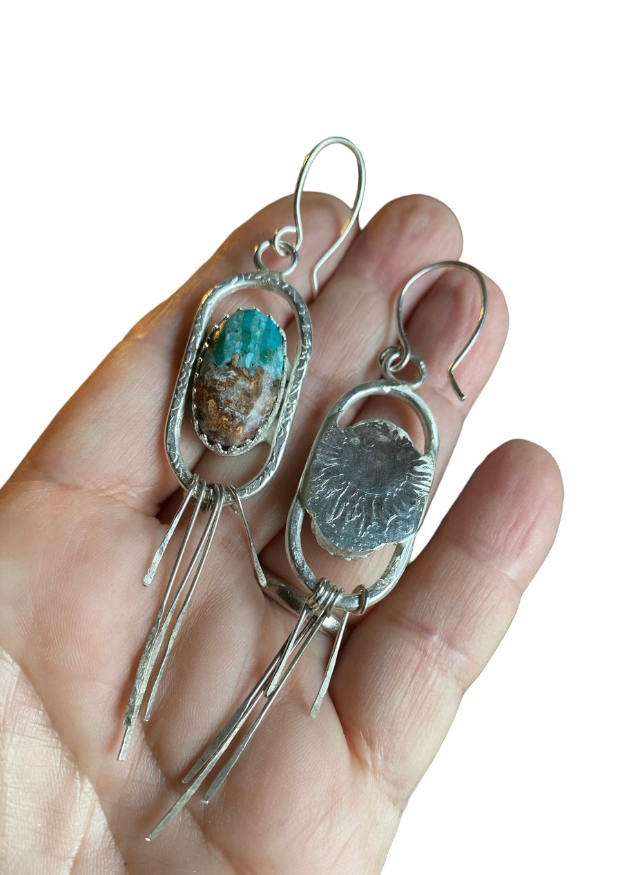 Hand Fabricated Bacon Opal & Turquoise Earrings