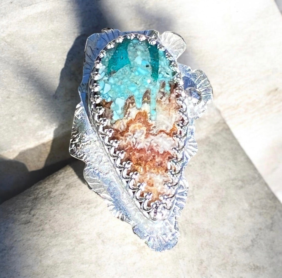 Handcrafted Bacon Opal & Turquoise Sterling Silver Statement Ring