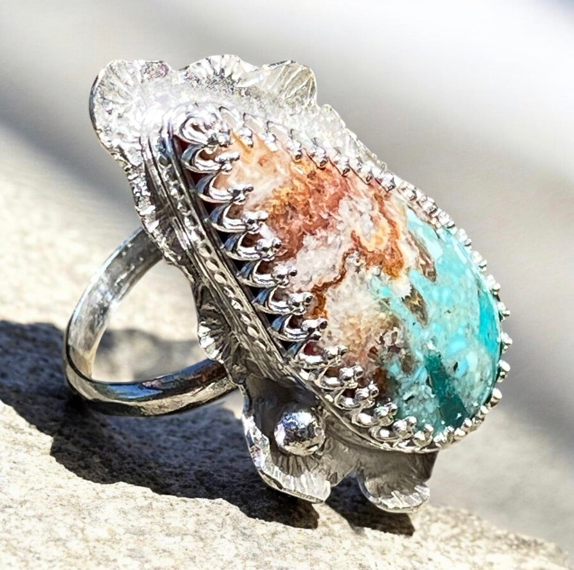 Handcrafted Bacon Opal & Turquoise Sterling Silver Statement Ring