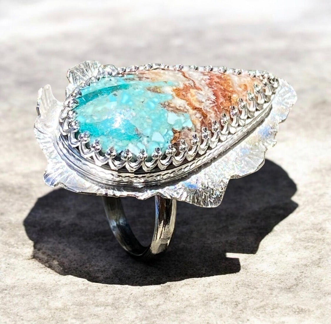 Handcrafted Bacon Opal & Turquoise Sterling Silver Statement Ring