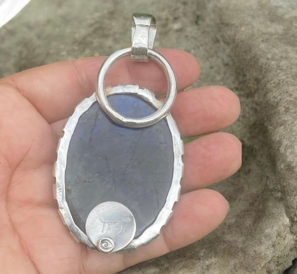 Handcrafted Wolf Labradorite Pendant Sterling Silver Blue Flash Gemstone