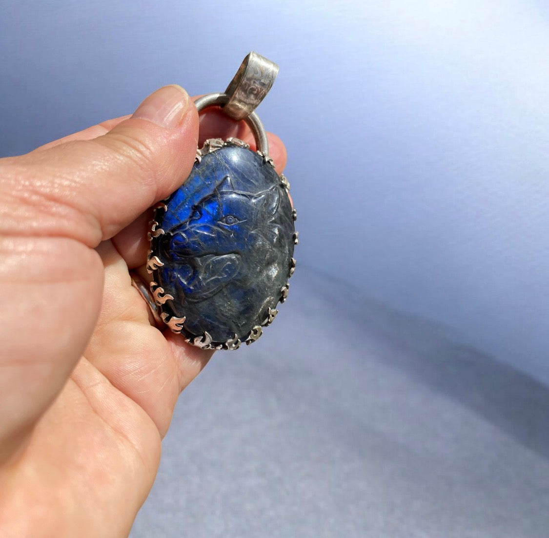Handcrafted Wolf Labradorite Pendant Sterling Silver Blue Flash Gemstone