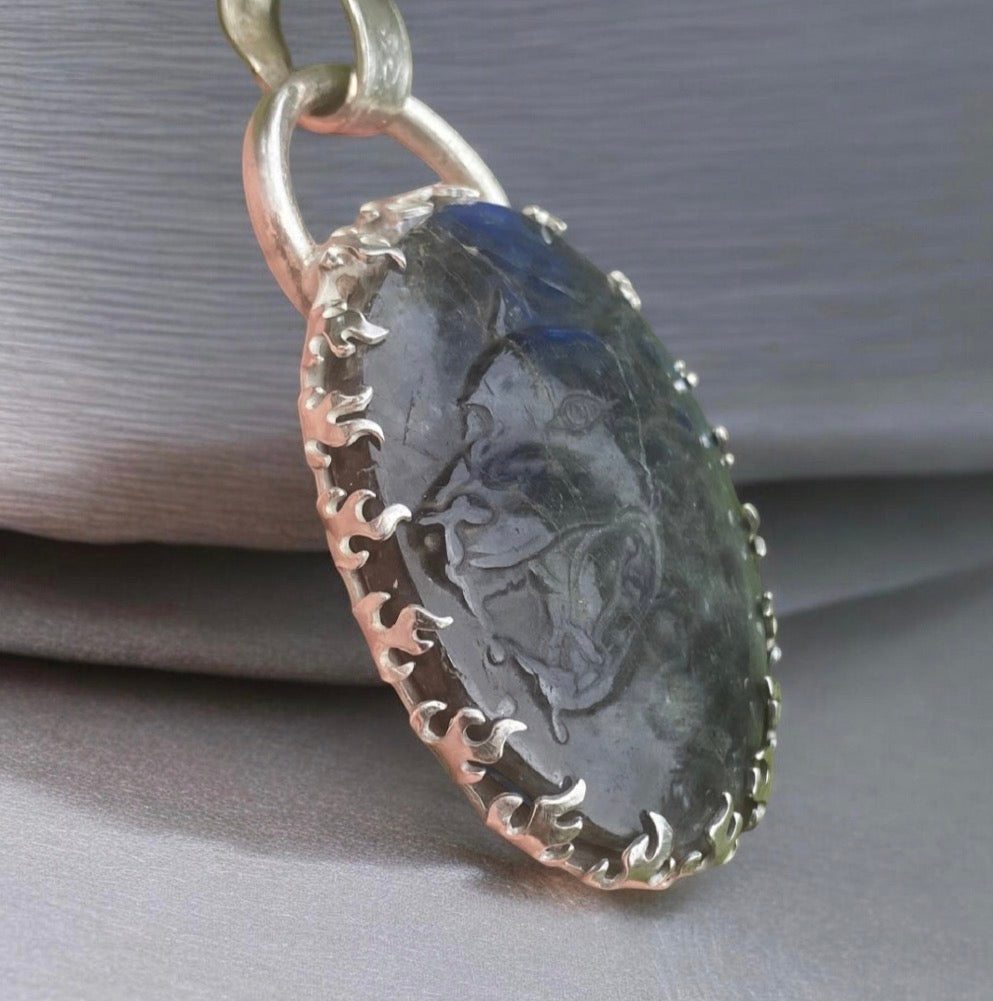 Handcrafted Wolf Labradorite Pendant Sterling Silver Blue Flash Gemstone