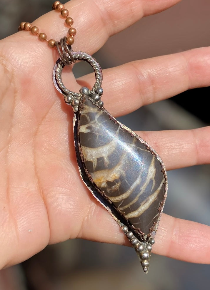Handmade Septarian Dragon Stone Nodule Copper and Silver Pendant