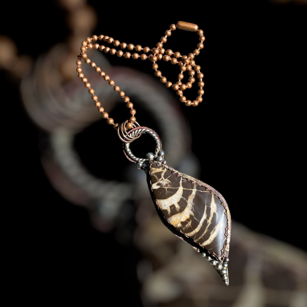 Handmade Septarian Dragon Stone Nodule Copper and Silver Pendant
