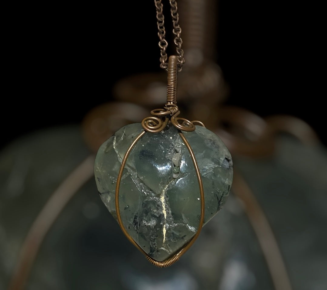 Prehnite Heart Copper Wrap Pendant