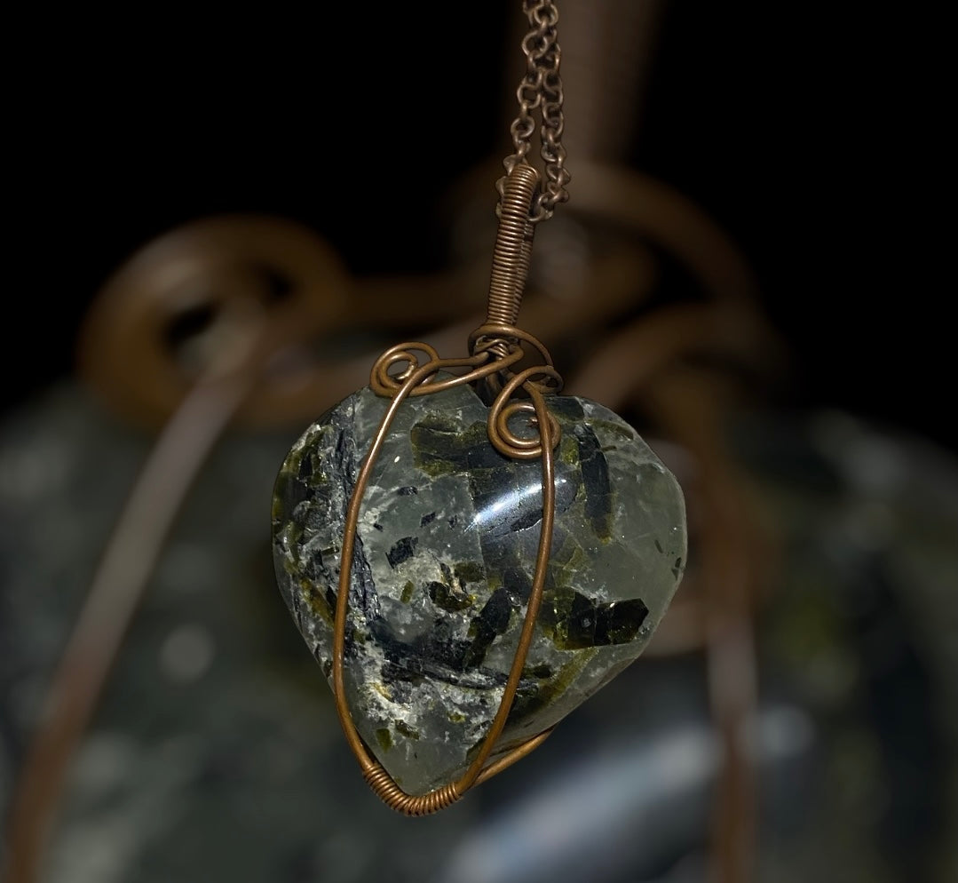 Prehnite Heart Copper Wrap Pendant